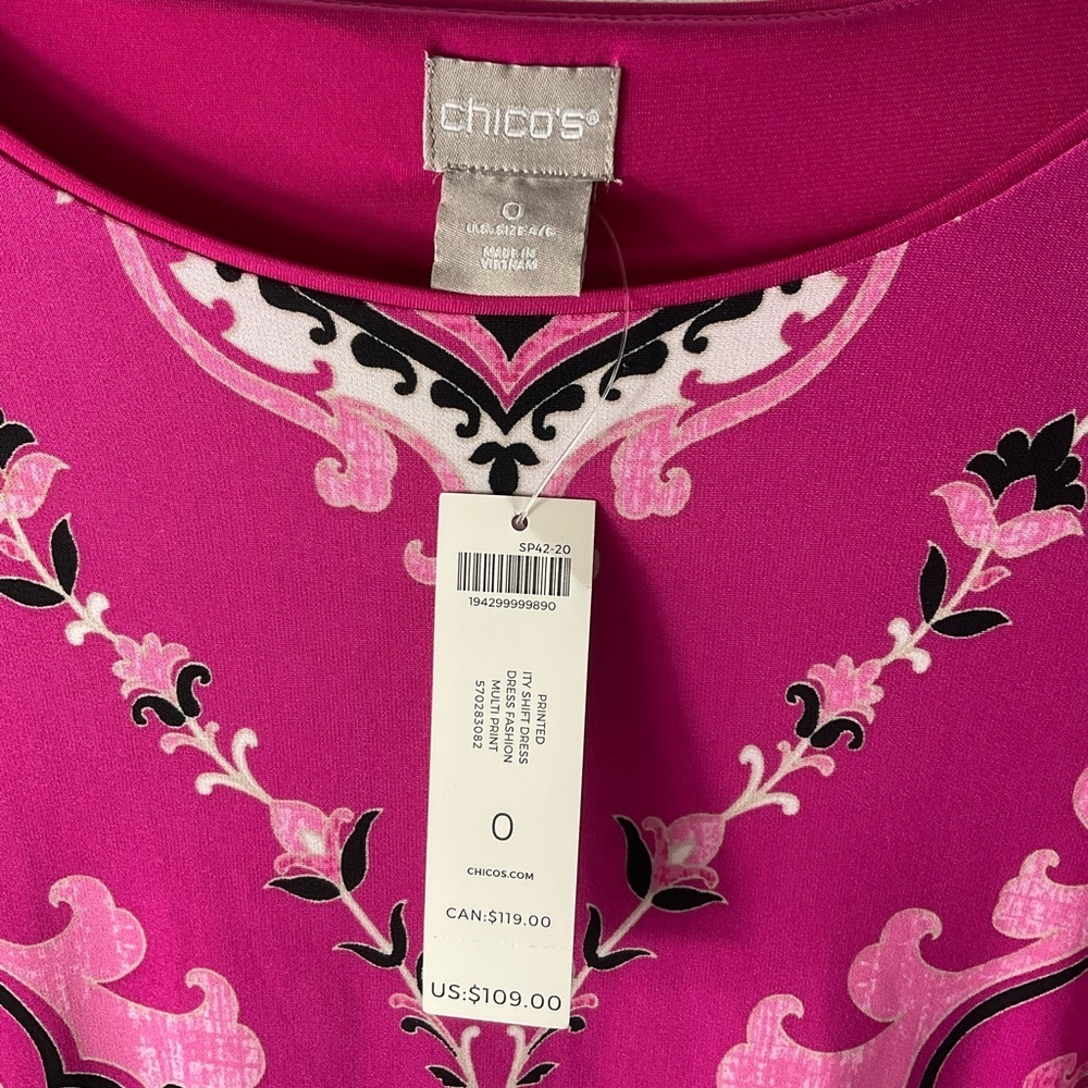 Chico’s B&W Pink Printed Shift Dress Sz 0 (S) - Picture 3 of 5